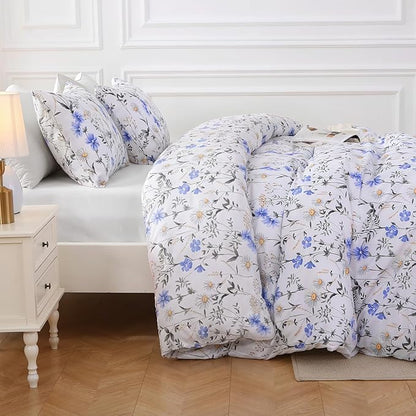 MUXHOMO Blossom Blue Bed in a Bag King 7 Pieces, King Comforter Set Reversible Botanical Flowers Design, Ultra Soft & Breathable Bedding Sets with Comforter, Sheets, Pillowcases & Shams