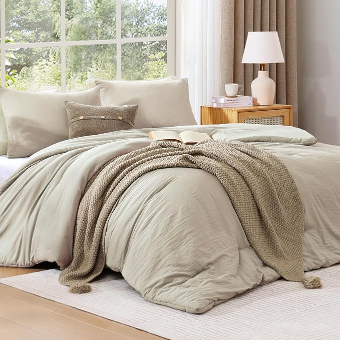WRENSONGE King Size Comforter Set - 3 Pieces Light Oatmeal Comforter Prewashed Soft Lightweight for All Seasons,Fluffy Down Alternative Comforter King Size with 2 Pillow Shams