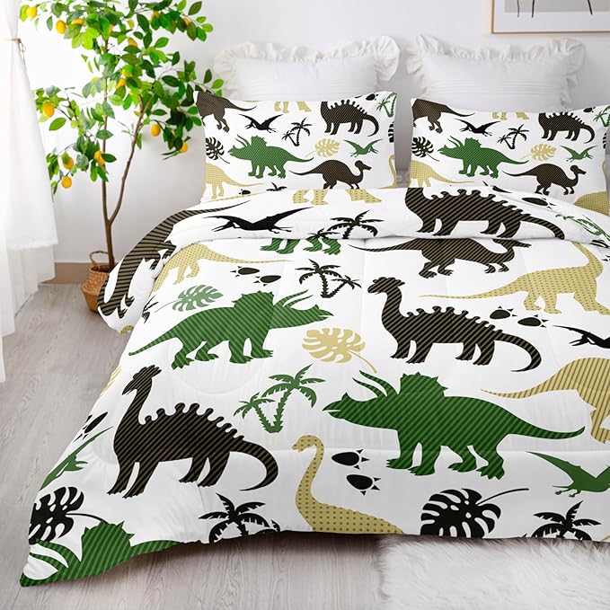 Cartoon Dinosaur Comforter Set Queen Size 3 PCS,Green Dinosaur Printed Quilt Set for Bedroom Soft Microfiber All Season Print Quilt Set with 1 Comforter and 2 Pillow Case
