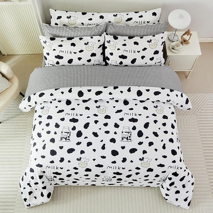SUCSES Full Size Comforter Set with Sheets 8 Piece Cow Print Bedding Set for Boys Girls Black and White Kids Bed-in-A-Bag Farmhouse Rustic Bed Set for Bedroom (Milk Cow, Full)