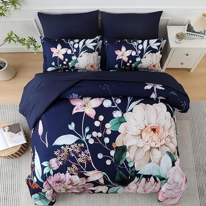 Drucon Navy Blue Comforter Set King Size - 7 Pieces Floral Bedding Sets, Soft Botanical Flowers Comforter Bed in a Bag with Sheets, Pillowcases & Shams