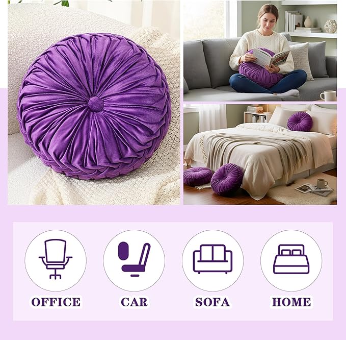 1 Pcs Round Throw Pillows Decorative Velvet Pleated Throw Pillows 15'' Diameter Accent Pumpkin Boho Chair Cushion for Couch Sofa Chair Bed Home Decoration (Purple)