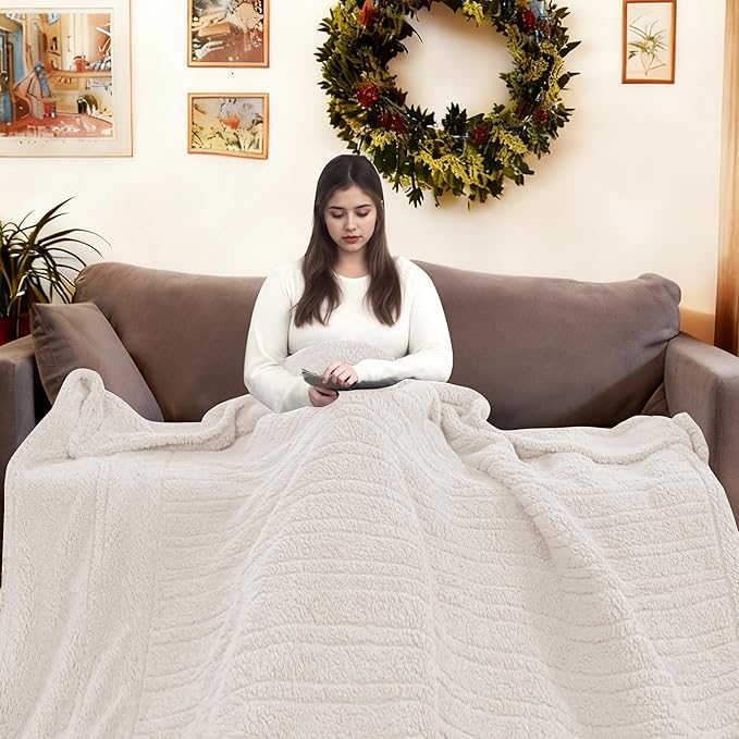 Electric Heated Blanket Queen Size 84"×90" Dual Control, 9 Heating Settings & 1-10Hs Auto Off, Overheat Protect, Double-Sided Plush Sherpa, for Couch & Bed, Machine Washable White