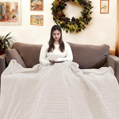 Electric Heated Blanket Queen Size 84"×90" Dual Control, 9 Heating Settings & 1-10Hs Auto Off, Overheat Protect, Double-Sided Plush Sherpa, for Couch & Bed, Machine Washable White
