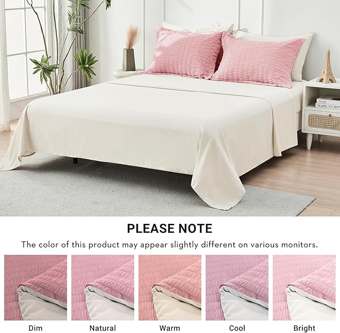 HYMOKEGE Pink/Ivory King Size Comforter Set Seersucker 7 Pieces, All Season Luxury Bed in a Bag for Bedroom, Bedding Set with Comforter, Sheets, Pillowcases & Shams