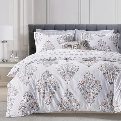 SLEEPBELLA Comforter Queen Size, 600 Thread Count Cotton Yellow & Blue Damask with Taupe Brown Reversible Pattern White Comforter Sets,Down Alternative Bedding Set 3Pcs (Queen, White Damask)