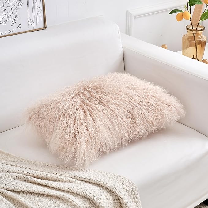 Genuine Mongolian Lamb Fur Pillow Cover – 12"x20" Rectangular Cushion Case – Soft Curly Wool Decorative Accent for Sofa, Bed, or Chair (Dusty Pink)