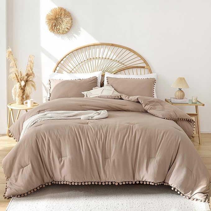 YIRDDEO Twin Comforter Set - Comforter Twin Size Bed with Ball Pom Fringe, Soft Bedding Set for All Seasons - 2 Pieces, 1 Comforter (66"x90") & 1 Pillow Sham(20"x26"), Taupe