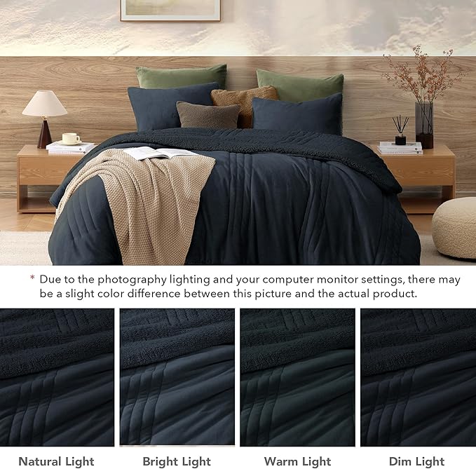 Monbix Fluffy Full Comforter Set Navy Blue, Sherpa Plush Fuzzy Comforter 3 Piece for Full Size Bed, Luxury Soft Winter Warm Bedding Set