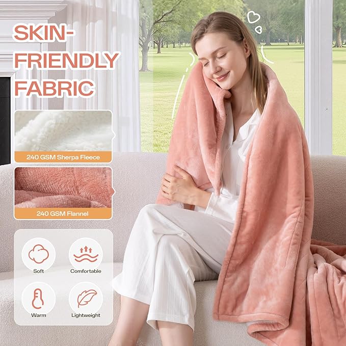 Full Size Electric Blanket Heated, Double-Sided Flannel＆Sherpa Heated Blanket with 8 Heat Levels & 10 Hours Auto Off, Fast Heating Blankets Machine Washable with ETL & FCC Certified, Pink