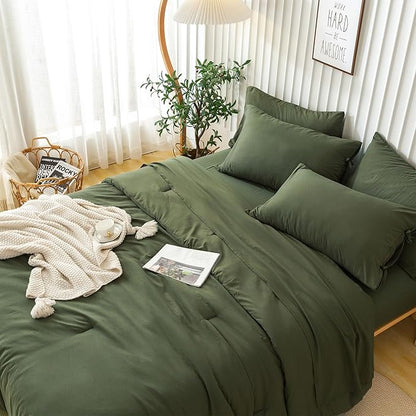 COTTEBED Ultra-Soft Twin Comforter Set with Sheets - 5 Pieces Bed in a Bag Twin Down Comforter & Bedding Sheet Sets, Lightweight Boho Washed Polycotton for Kids Boy Girls All Season, Dark Olive Green