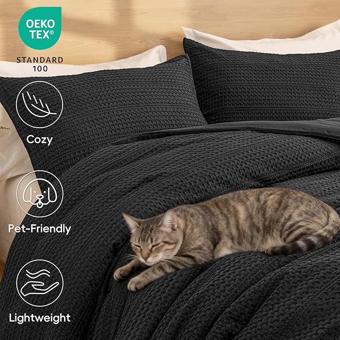 PHF Soft Waffle Comforter Set King Size- Comfy Breathable Waffle Weave Comforter with 2 Pillow Shams, 3 Pieces Less Snagging Lightweight Textured Bedding Set for All Season, Black