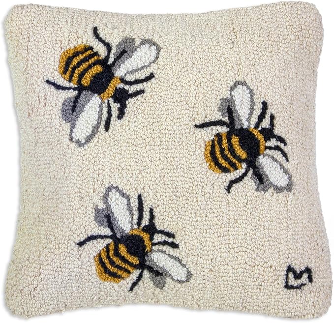 Chandler 4 Corners Artist-Designed Bees Knees Hand-Hooked Wool Decorative Throw Pillow (18 in x 18 in) Farm & Garden Pillow for Couches & Beds - Low Maintenance Bumble Bee, Honey Bee Home Décor