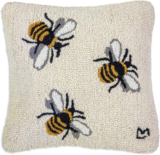 Chandler 4 Corners Artist-Designed Bees Knees Hand-Hooked Wool Decorative Throw Pillow (18 in x 18 in) Farm & Garden Pillow for Couches & Beds - Low Maintenance Bumble Bee, Honey Bee Home Décor