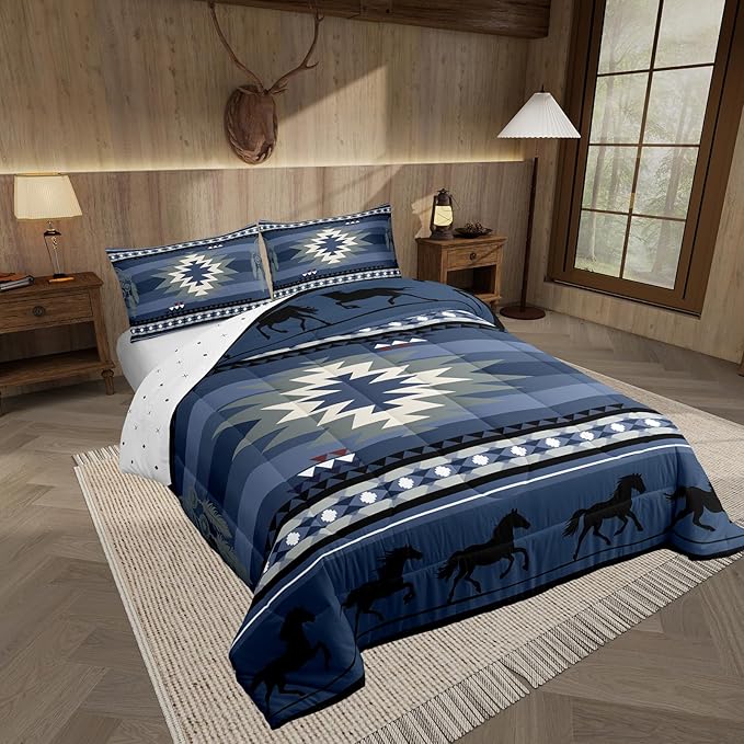 Feelyou Blue Rustic Western Comforter Set Southwestern Aztec Bedding Set Full Size for Kids Boys Girls Teens Room Decor Boho Geometric Western Horse Comforter Soft Microfiber