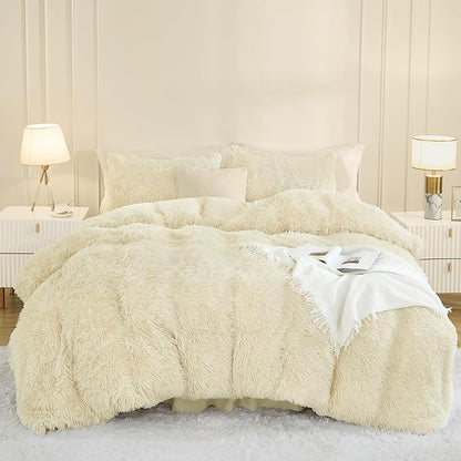 Andency Faux Fur Beige Comforter Set Full Size, 3 Pieces Fluffy Fuzzy Plush Bedding Comforter Set (1 Shaggy Velvet Comforter & 2 Pillowcases), Soft Puffy Comfy Down Alternative Comforter Bedding Set
