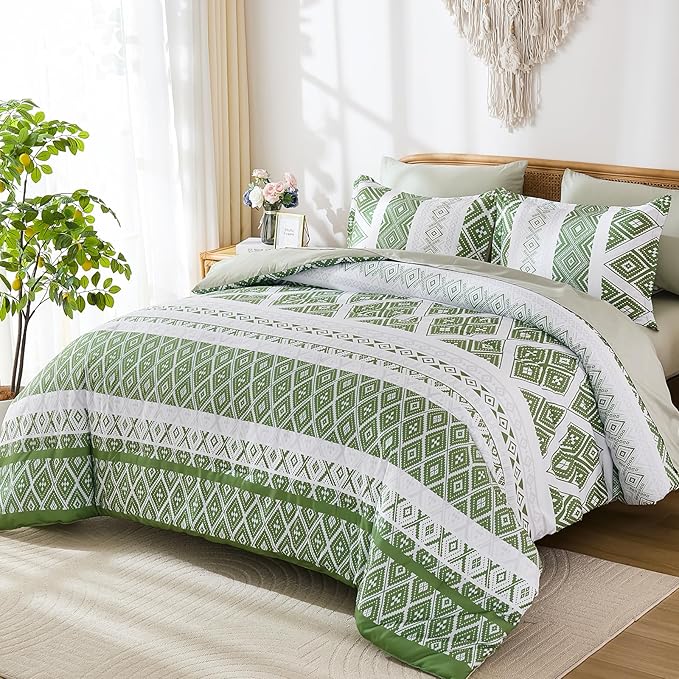 Luxudecor Green Comforter Set Queen Size 7 Pieces,Boho Aztec Comforter with Sheet Set,Geometric Striped Pattern Bed in a Bag,Soft Microfiber Bed Set 90"x90"