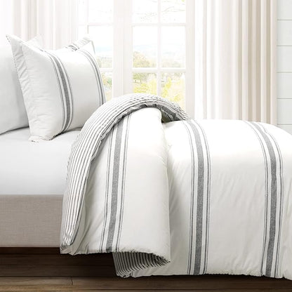 Lush Decor Farmhouse Stripe Reversible Cotton Comforter Set , 2 Piece Set, Twin XL, Dark Gray - Twin Bedding Set - Dorm Decor - Striped Comforter For Kids Or Teens - Modern Farmhouse Bedroom Decor