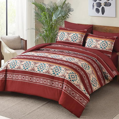 Anibedding Red King Size Comforter Set 7 Pieces Boho Bed in a Bag, Burgundy Aztec Striped Comforter Set with Sheets, Soft Microfiber Reversible Western Bedding Set for All Season