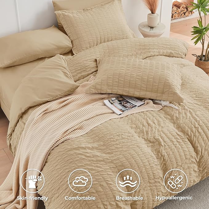 HYMOKEGE Khaki Twin XL Comforter Set Seersucker 5 Pieces, All Season Luxury Bed in a Bag for Bedroom, Bedding Set with Comforter, Sheets, Pillowcase & Sham