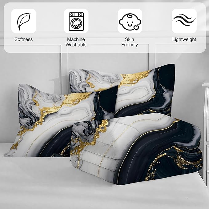 3D Marble Bedding Sets Full Size Grey White and Black Gold Bedding Set Luxury Marbling Texture Bed Set for Bedroom Decor Soft Quilt Set with 1 Comforter + 2 Pillowcases