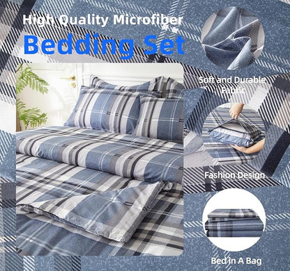 SDY 7PCS Full Gingham Comforter and Sheet Set，Plaid Bedding Set with 1*Comforter,1* Flat Sheet, 1*Fitted Sheet,2*Pillowcases and 2*PillowcaseShams，Navy Blue Microfiber Bedding Sheet Sets