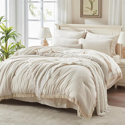 Andency Queen Comforter Set Beige -7 Pieces Bed in a Bag Queen Boho Soft Lightweight Bedding Sets, All Season Fluffy Fringe Bed Set with Comforter, Sheets, Pillowcases & Shams