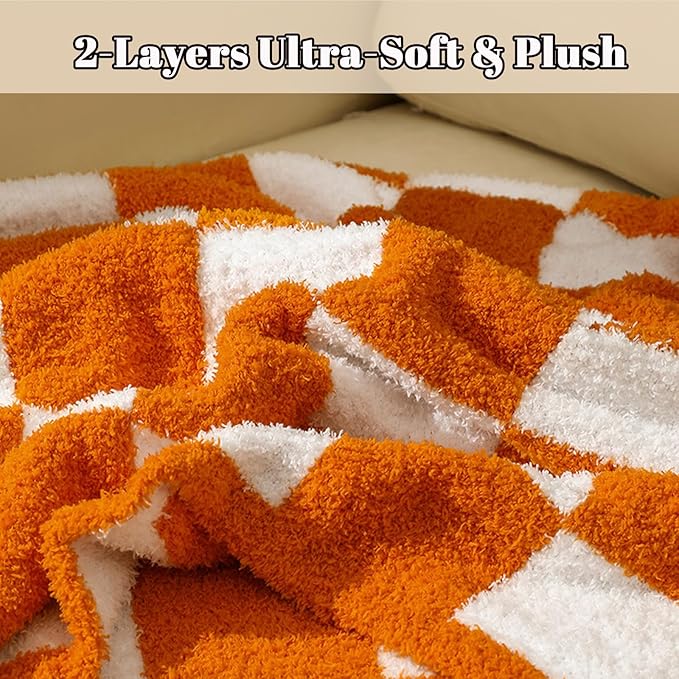 MorroMorn Checkered Blanket for Couch Bed, Orange Throw Blanket 2-Layers Soft Cozy Fleece Plaid Blankets Checkerboard Grid - Fluffy Fuzzy Plush Warm Fall Decor Mothers Birthday Gifts, 60x80 inches