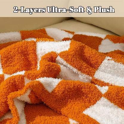 MorroMorn Checkered Throw Blanket for Couch, Orange Throw Blanket 2-Layers Soft Cozy Fleece Plaid Blankets Checkerboard Grid - Fluffy Fuzzy Plush Warm for Sofa Chair Bed Decor Gifts, 50x60 inches