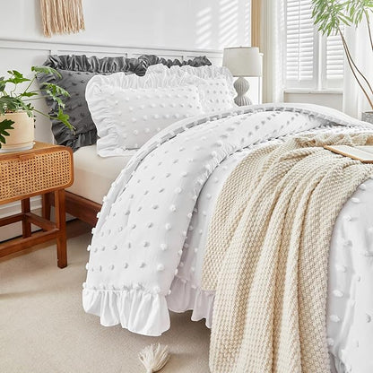 Flysheep Tufted Dots Ruffle Comforter Set King Size, 3 Pieces White Vintage Farmhouse Shabby Chic Comforters, Jacquard Boho Bohemian Bedding Set for All Season (1 Ruffled Comforter+ 2 Pillow Shams)