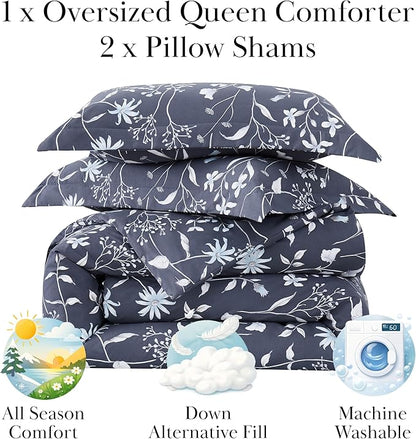 Southshore Fine Living, Inc. 3-Piece Full/Queen Size Comforter Set, Down Alternative All-Season Floral Comforter with Matching Shams, Soft Microfiber Bedspread, Full or Queen Bed, Secret Meadow Blue
