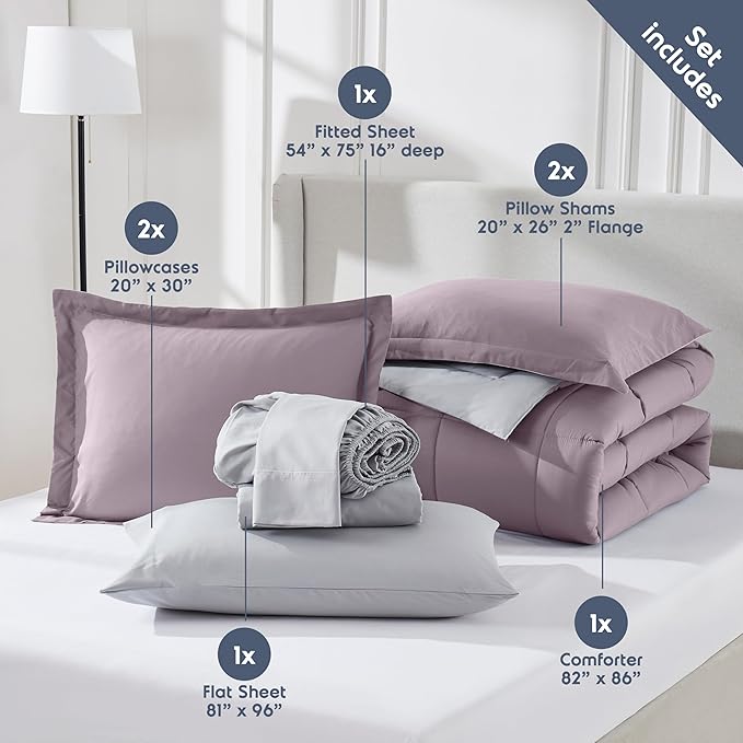 Nestl 7 Piece Full Comforter Set – Dusty Purple Reversible Bed in a Bag – Complete Full Size Bedding Set with Sheets, Pillowcases and Shams