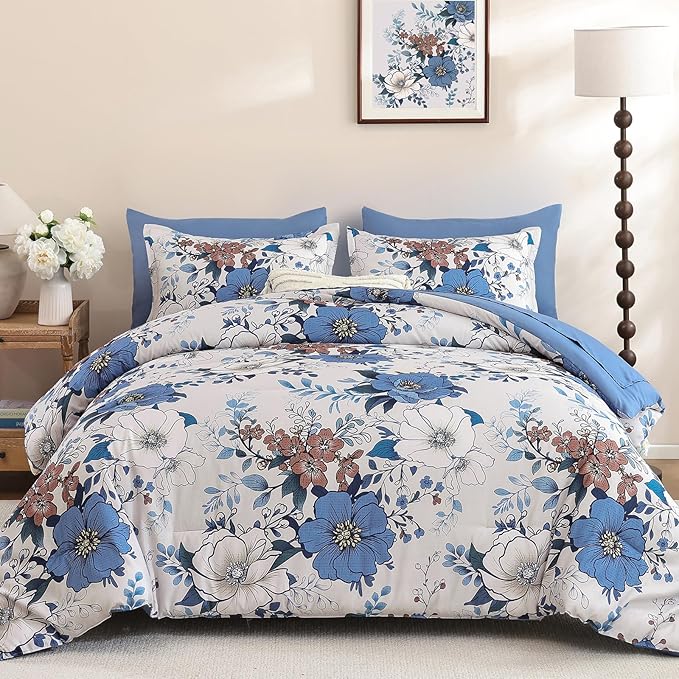 Xruibed Blue Floral Comforter Set Queen Size 7 Pieces Bed in a Bag Flower Comforter Set with Sheet, Pillowcases, Pillowshams, Soft Microfiber Bedding Set for All Season (Queen 90''x90'')