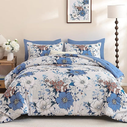 Xruibed Blue Floral Comforter Set Queen Size 7 Pieces Bed in a Bag Flower Comforter Set with Sheet, Pillowcases, Pillowshams, Soft Microfiber Bedding Set for All Season (Queen 90''x90'')