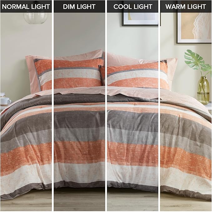 Madison Park Essentials Jaxon Queen Comforter Set, Bed in A Bag Comforter & Sheet Set, Modern Casual Stripes Print, All Seasons, Soft Bedding Makeover, Matching Sham, Queen Coral/Grey 7 Piece