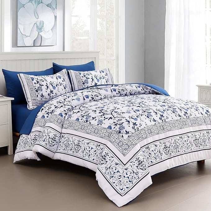 Dobuyly Floral King Size Comforter Set, Blue Flowers on White Botanical Bedding Set 7 Piece Bed in a Bag King, Soft Microfiber Bedding Comforter Sets with Sheets for All Season