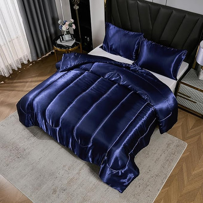 Satin Comforter Set Queen Silk Like Blue Bedding Comforter Luxury Hotel Silky Bed Home Deocr 1 Comforter 2 Pillowcases (Queen, Navy Blue)