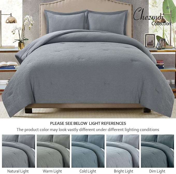 Chezmoi Collection Wilmer 3-Piece Waffle Weave Comforter Set - Soft and Cozy All Season Bedding Set, King, Gray