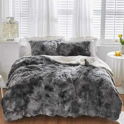 Flysheep Luxury Faux Fur Shaggy Fluffy Comforter Set King Size Mixed Black and White Long Hair, 3 Pieces Plush Flannel Sherpa Backing Reversible Soft Microfiber Bedding Set Super Warm for Winter