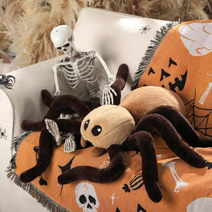 Phantoscope Happy Halloween Spider Shaped Throw Pillow, Faux Fur Fluffy Tarantula Shaped Halloween Cushion Pillow Contrast Color with Shapeable Legs, for Bedroom Sofa, Brown, 18 x 9.5 inches