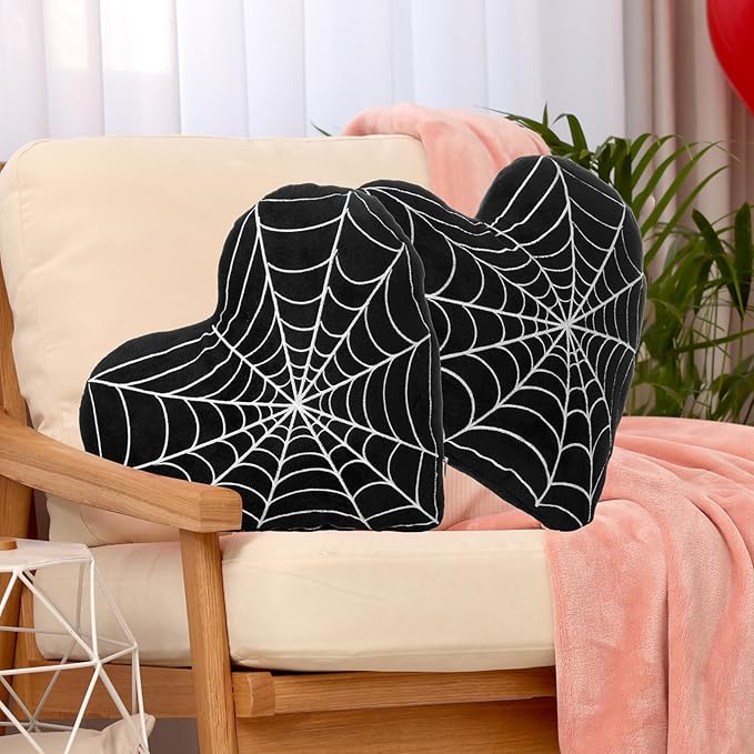 2 Pcs Valentine Gothic Heart Shaped Plush Pillows Gothic Black Spider Web Decor Soft Throw Pillows Valentines Day Pillow Room Decorative for Bedroom Living Room Couch Chair Sofa