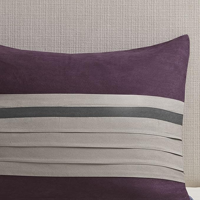 Madison Park Palmer Comforter Set - Faux Suede Design, Striped Accent, All Season Bedding, Shams, Decorative Pillow, Bed Skirt, Queen (90 in x 90 in), Purple 7 Piece