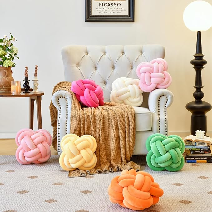 Xuyier Knot Pillow Ball, Decorative Throw Pillows with Velvet Fabric for Couch Bed, 12" Decor Knotted Square Floor Pillow Cushions for Living Room (12 Inches, Coral Pink)