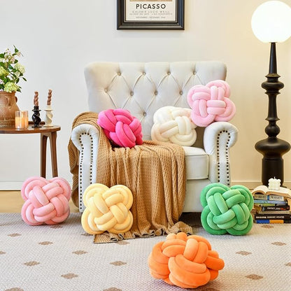 Xuyier Knot Pillow Ball, Decorative Throw Pillows with Velvet Fabric for Couch Bed, 12" Decor Knotted Square Floor Pillow Cushions for Living Room (12 Inches, Orange)