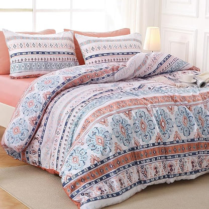MUXHOMO Boho Pink Bed in a Bag King 7 Pieces, King Comforter Set Reversible Botanical Flowers Design, Ultra Soft & Breathable Bedding Sets with Comforter, Sheets, Pillowcases & Shams