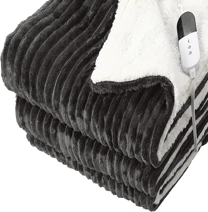 Electric Blanket Heated Throw Blanket, Super Soft Flannel & Sherpa Electric Throw Blanket with 6 Fast Heating Levels, 4 Hours Auto Off & OverHeat Protection, Machine Washable, 50'' X 60'', Dark Gray