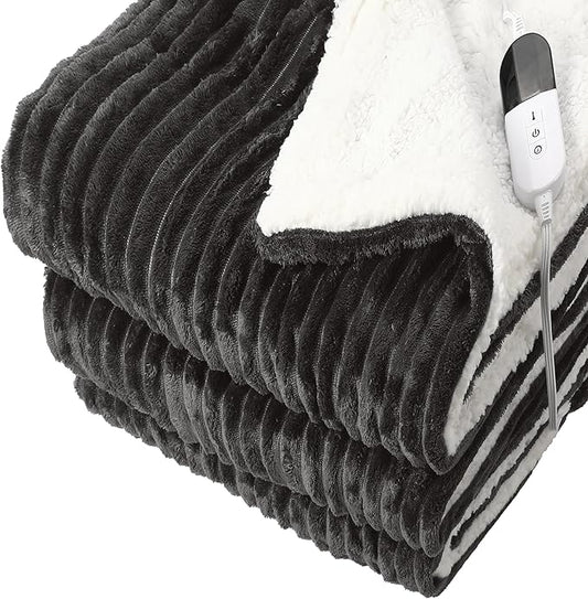 Electric Blanket Heated Throw Blanket, Super Soft Flannel & Sherpa Electric Throw Blanket with 6 Fast Heating Levels, 4 Hours Auto Off & OverHeat Protection, Machine Washable, 50'' X 60'', Dark Gray