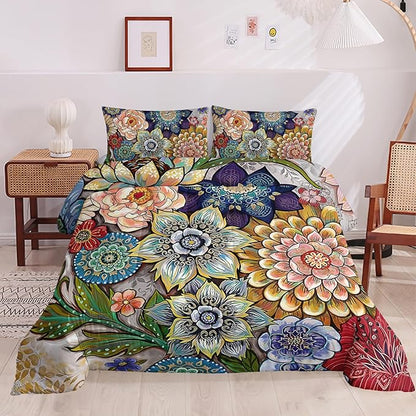 3 Pieces Boho Floral Comforter Set,Bohemian Colorful Flowers Comforter Set King Size Soft Microfiber Flower Duvet Vintage Bedding in a Bag for Kids Teens and Adults (1 Comforter with 2 Pillowcases)