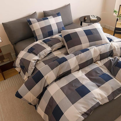 CLOTHKNOW Blue Grey Plaid Queen Comforter Set Gingham Buffalo Bedding Comforter Sets Geometric Comforter Queen Sets with 2 x Pillow Cases
