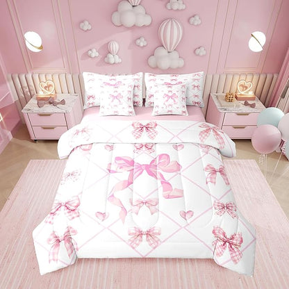 Erosebridal Bow Love Hearts Checkered Pink Full Comforter Set 7 Pieces | White Lines Plaid Bed in A Bag for Bedroom Kawaii Cute Ribbon Kids Bedding Set with Comforters Bowknot Women Teens Room Decor